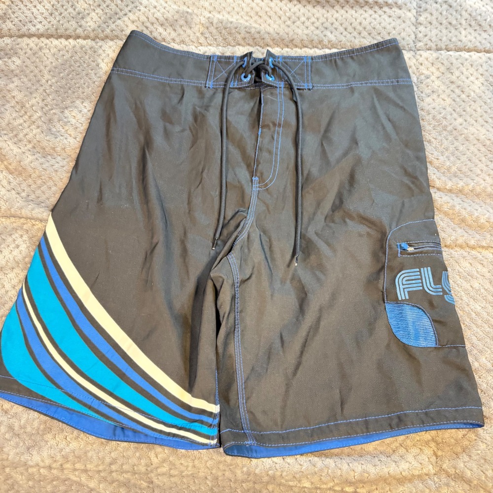 Mossimo Mens Flyer Board Shorts Gray Blue Stripe Cargo Pocket Swim Trunk Size 32